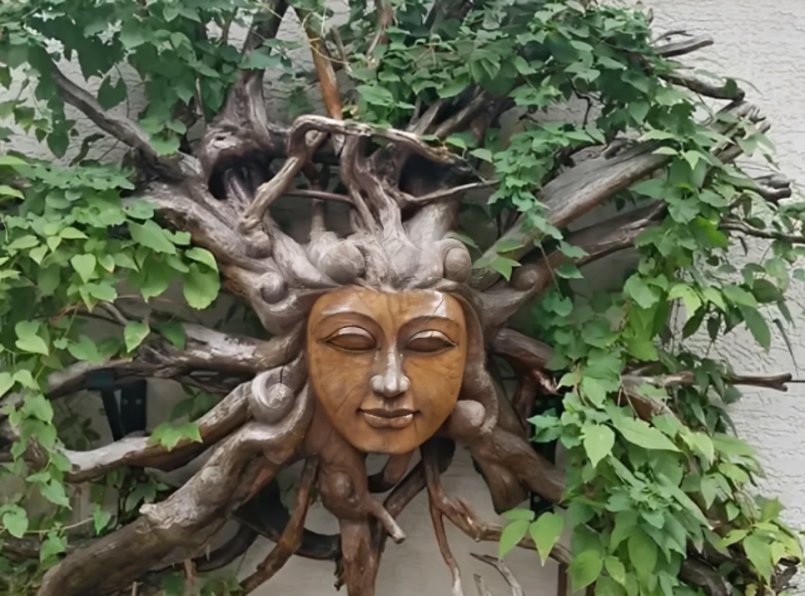 Wooden sun face sculpture with surrounding vines.