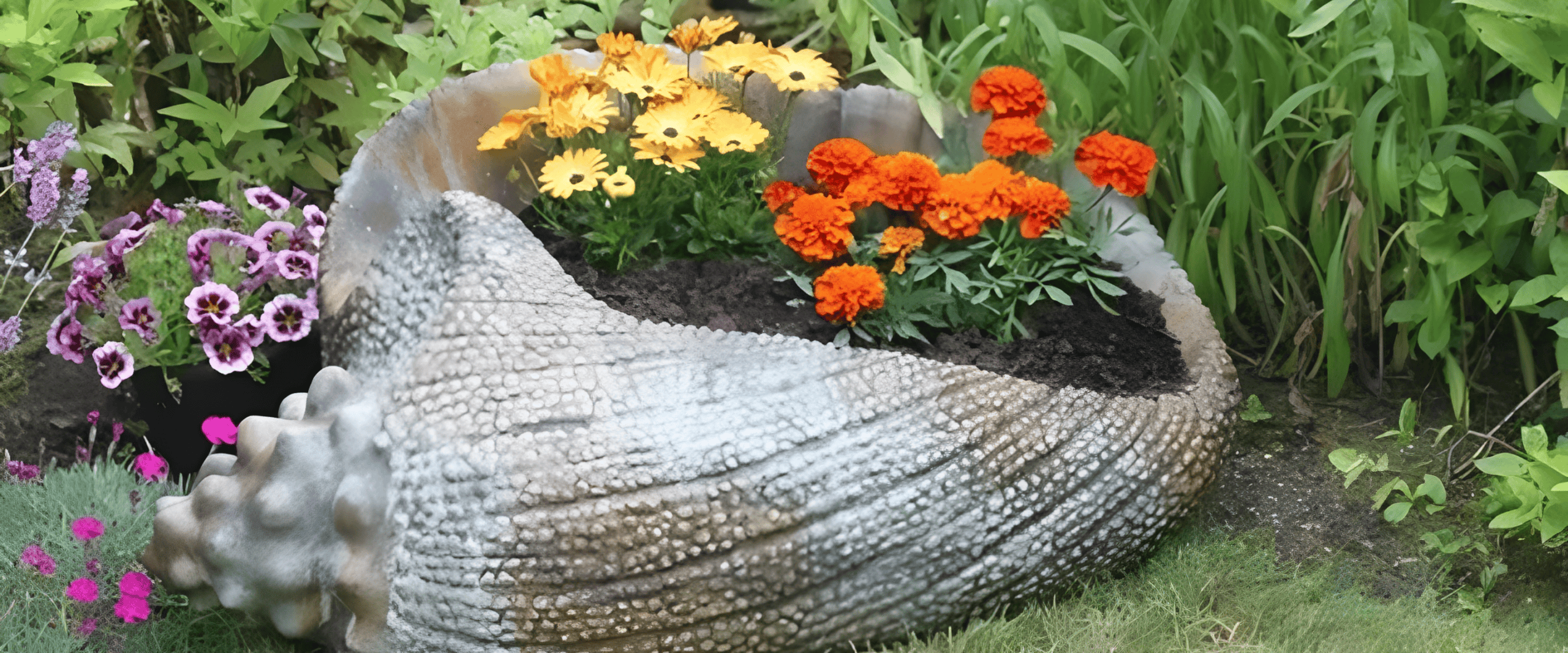 Seashell planter with orange and yellow flowers
