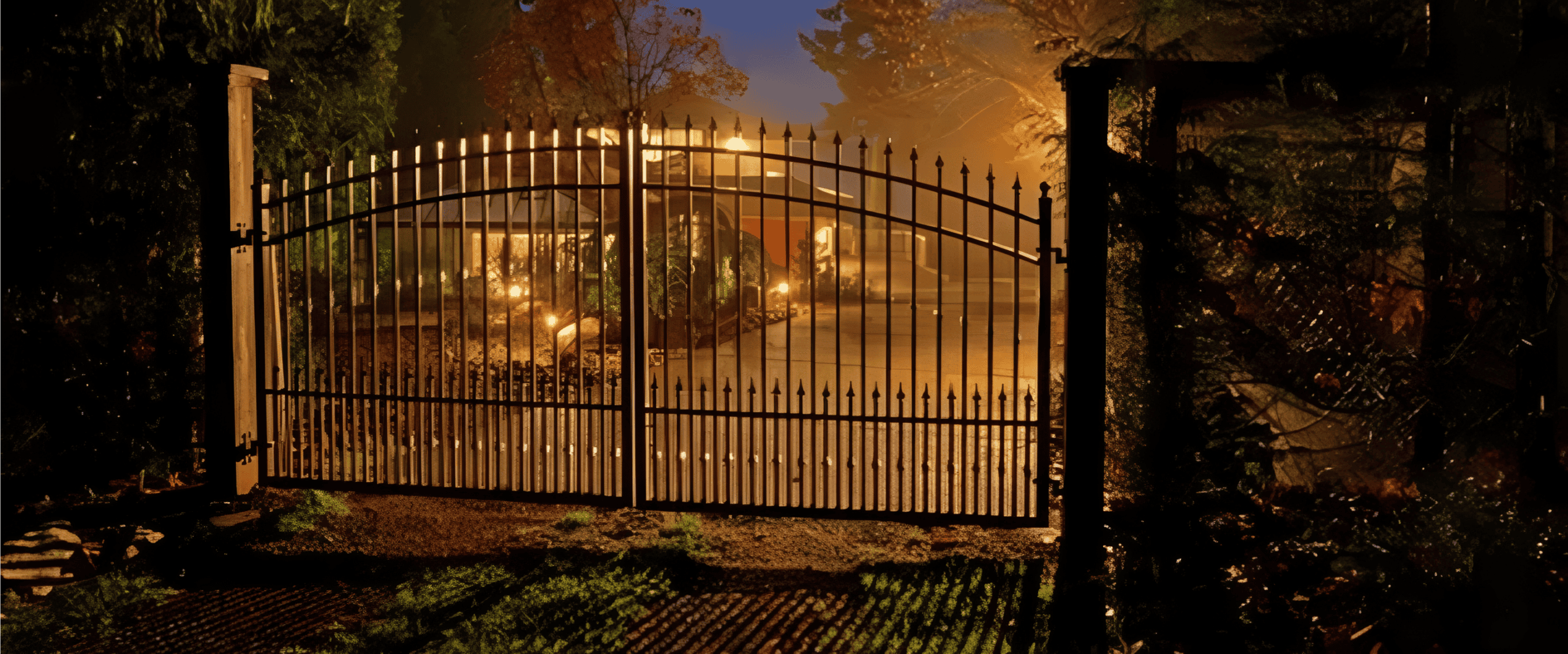 Illuminated wrought-iron driveway gate at night