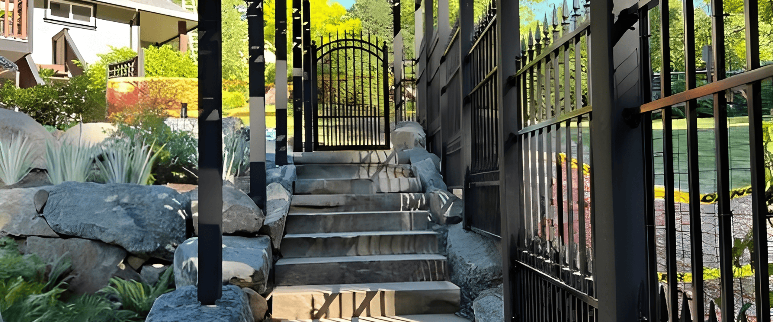 Stone garden steps with wrought-iron gate