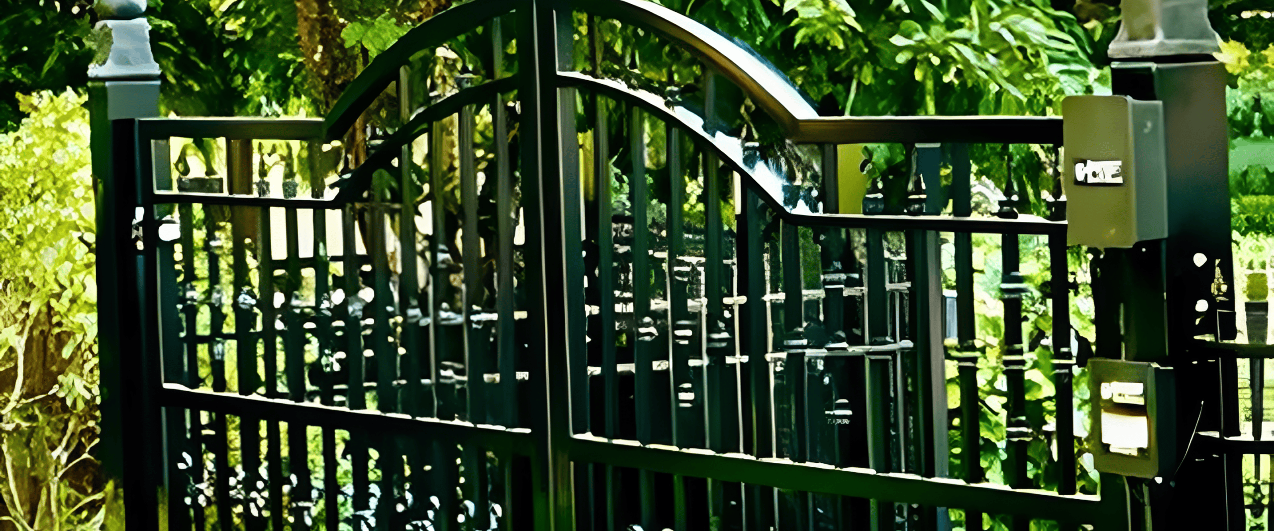 Black wrought iron gate surrounded by greenery